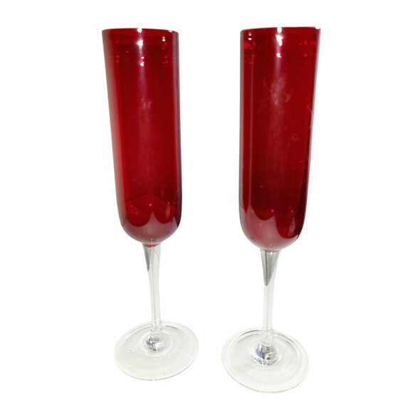 Unbranded Other - Set of Two Vintage Ruby Glass Champagne Flutes with Clear Stems